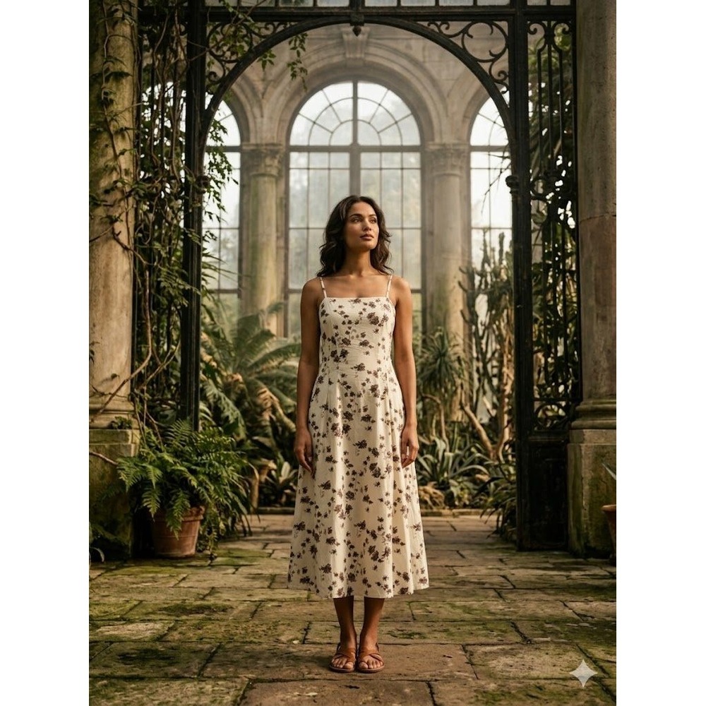 Vintage Style Brown Floral Spaghetti Strap Midi Dress Cream A-Line Cottagecore M